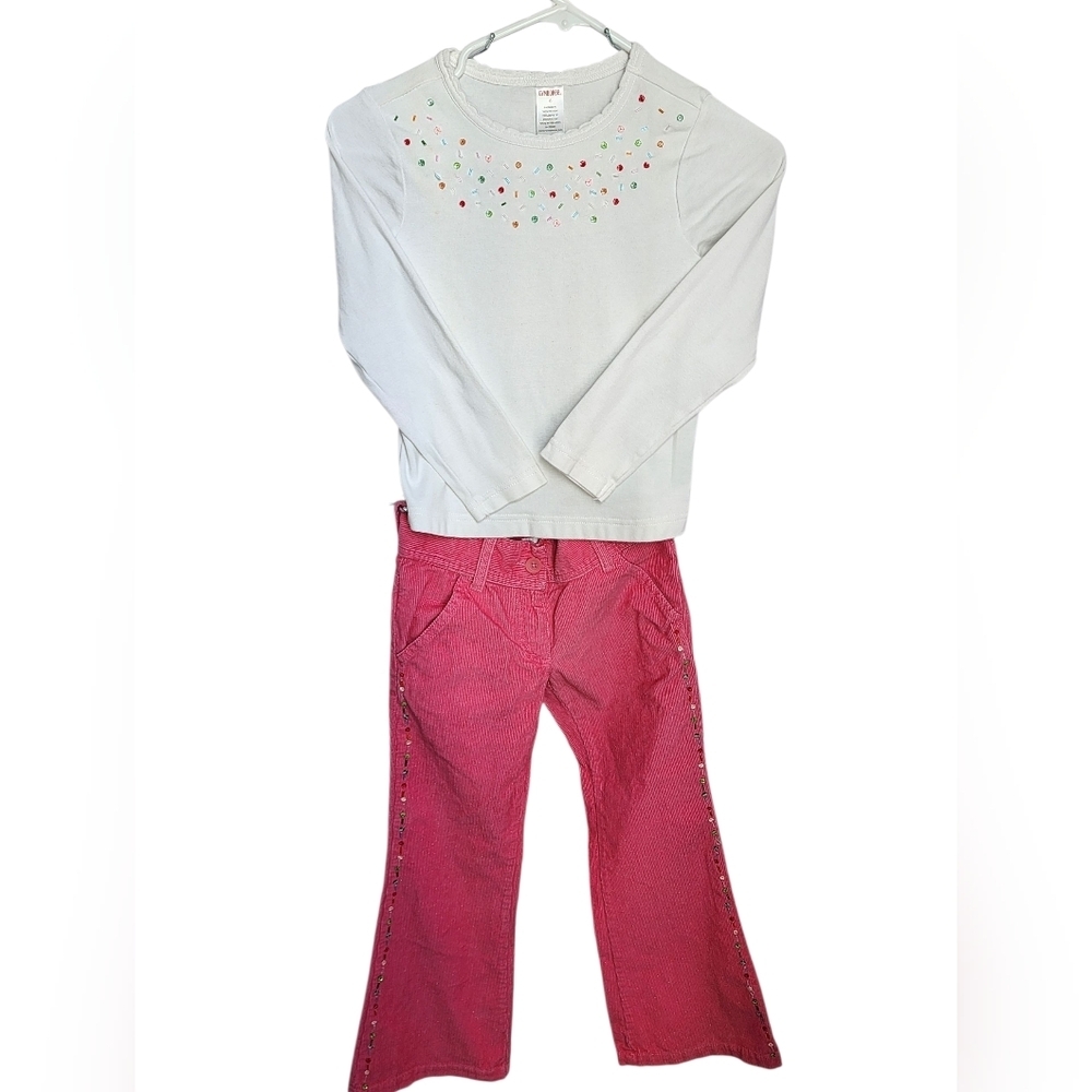 Gymboree White Top with Colorful Accents And Pink corduroy material Jeans